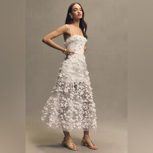 Anthropologie Helsi Audrey Square-Neck Floral Appliqué Sheer Midi Dress - XS